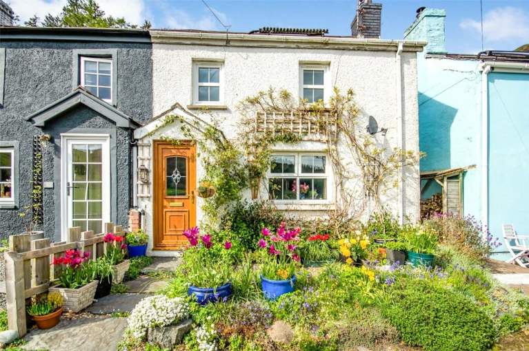 A semi-detached house with a colourful garden